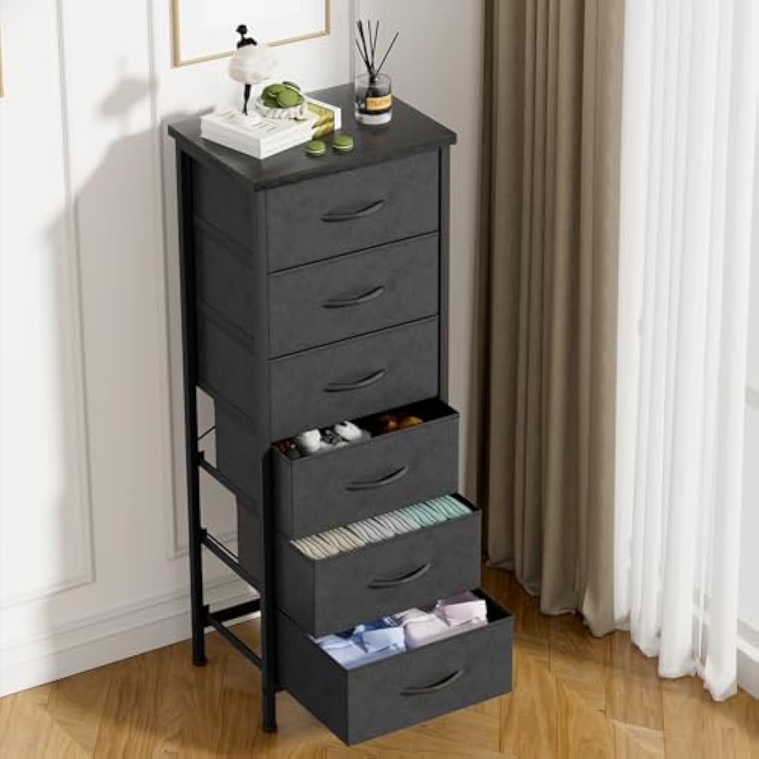 6-Drawer Fabric Dresser – Vertical Chest of Drawers, Black