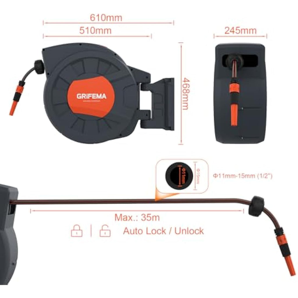 GRIFEMA 35M Retractable Garden Hose Reel | Wall Mounted Auto Rewind