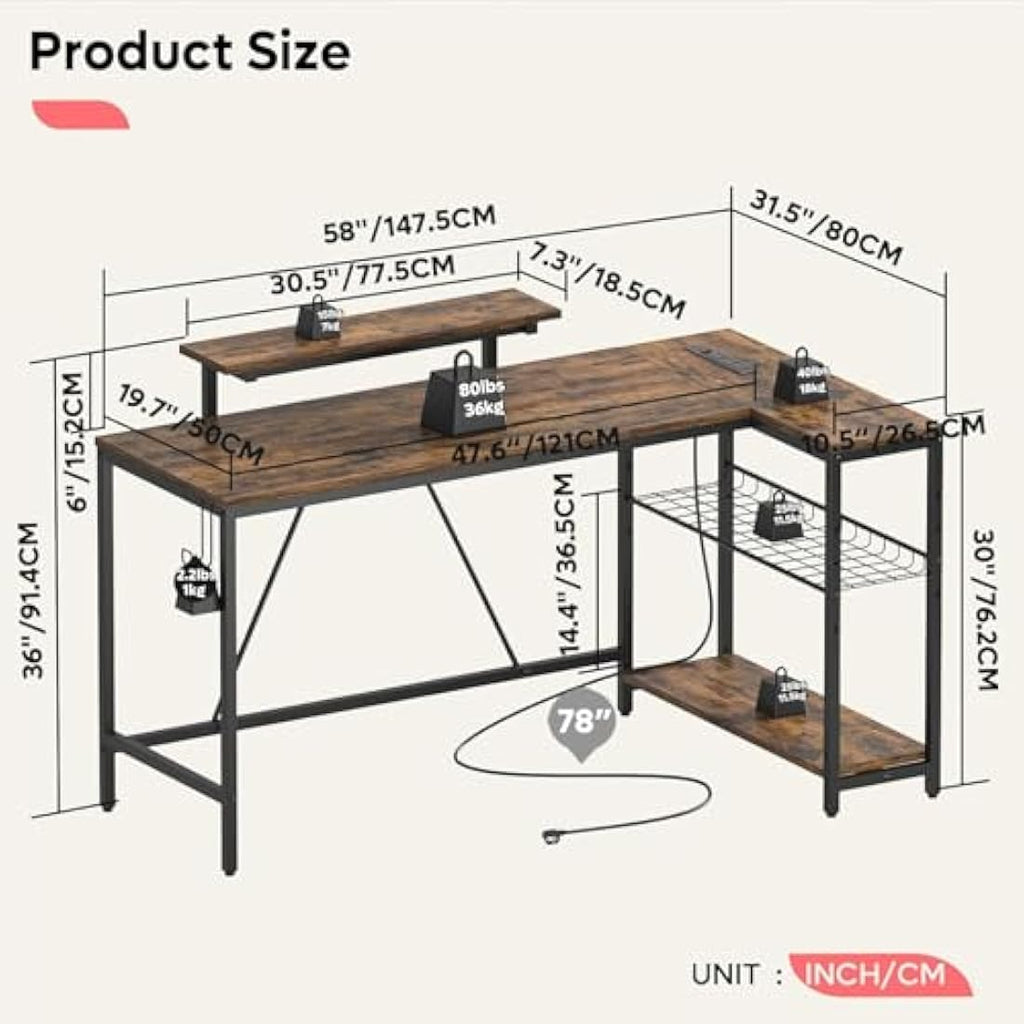 147CM L-Shaped Gaming Desk with LED Lights & Power Outlets