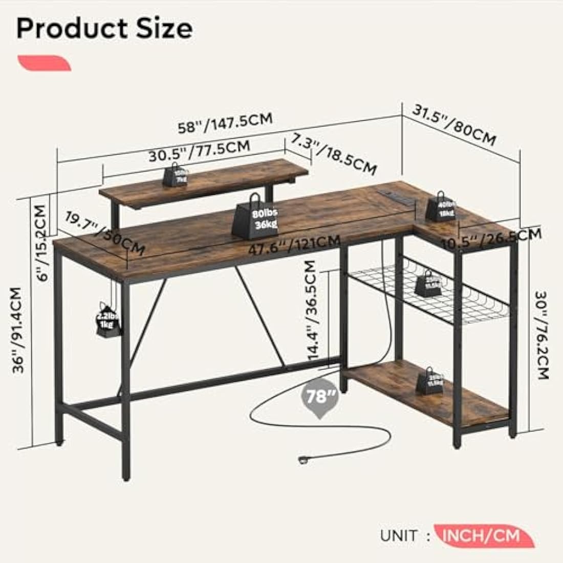 147CM L-Shaped Gaming Desk with LED Lights & Power Outlets