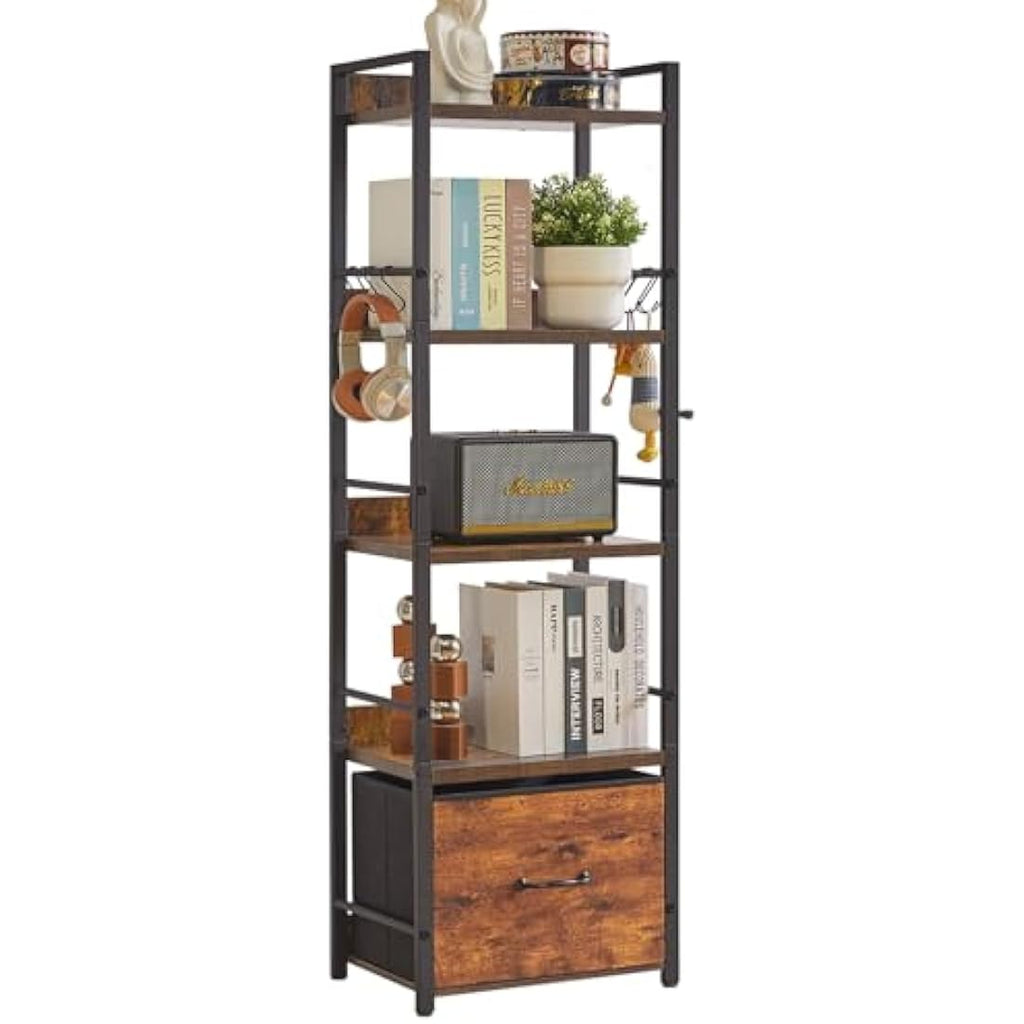 Aibiju 5-Tier Industrial Bookshelf with Fabric Drawers – Rustic Brown
