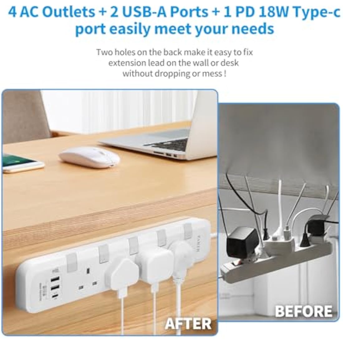 PARTH 5M Extension Lead | 4 Way Surge Protected Power Strip with USB-C