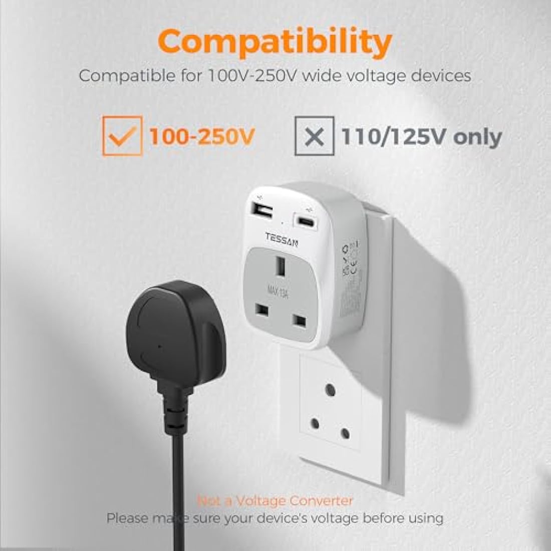 TESSAN UK to India Plug Adapter (Type D) with USB C - 2 Pack |