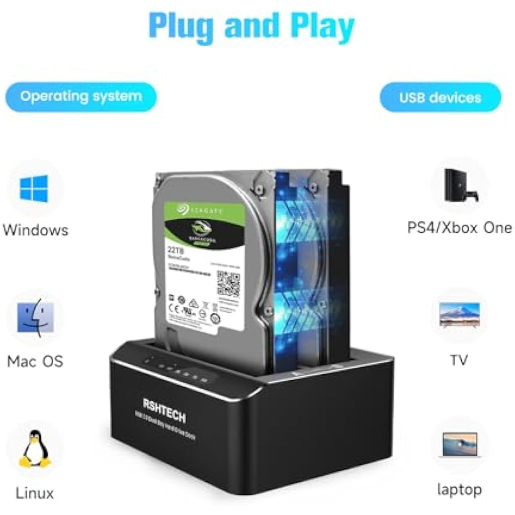 RSHTECH Dual Bay SATA HDD Docking Station | USB 3.0 Aluminum Offline Clone