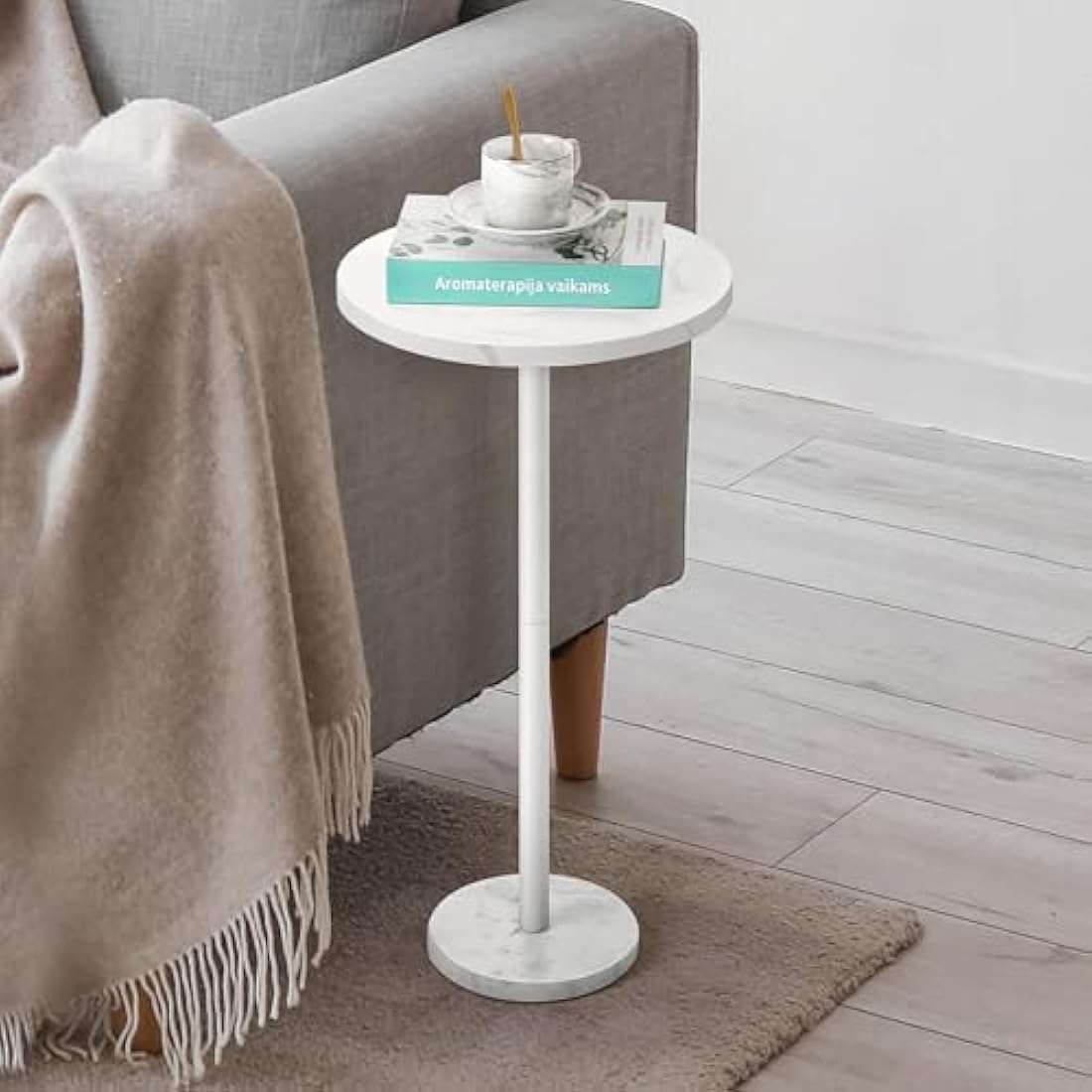 Smusei Round Side Table – Black Coffee Table with Marble Base, 32cm