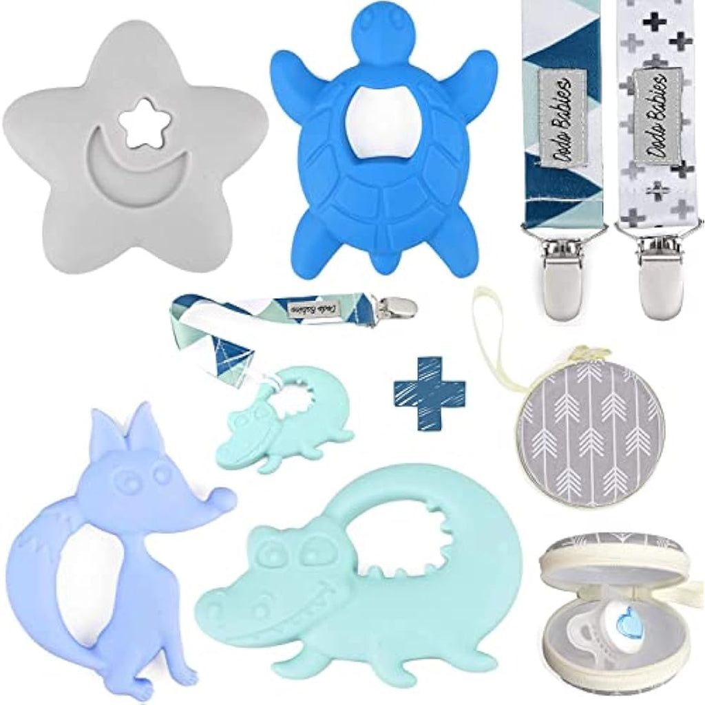 Dodo Babies Silicone Teething Toy and Pacifier Clip Set - Blue Animals