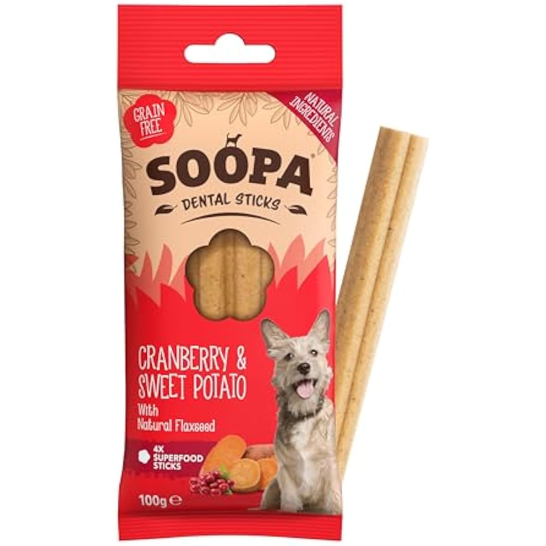 Soopa Dental Sticks Dog Treats – Cranberry & Sweet Potato, 100g
