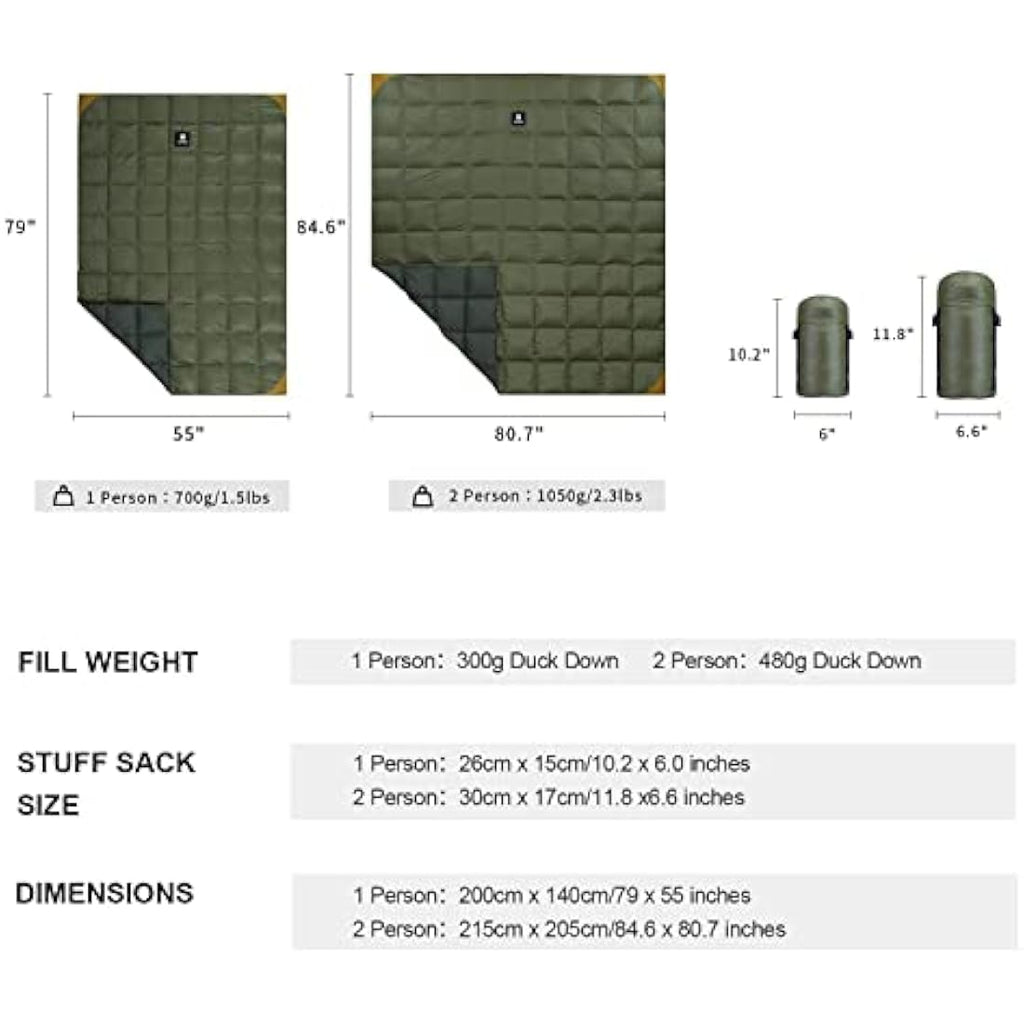 OneTigris Down Camping Blanket | 600 Fill Power Packable Puffy Quilt