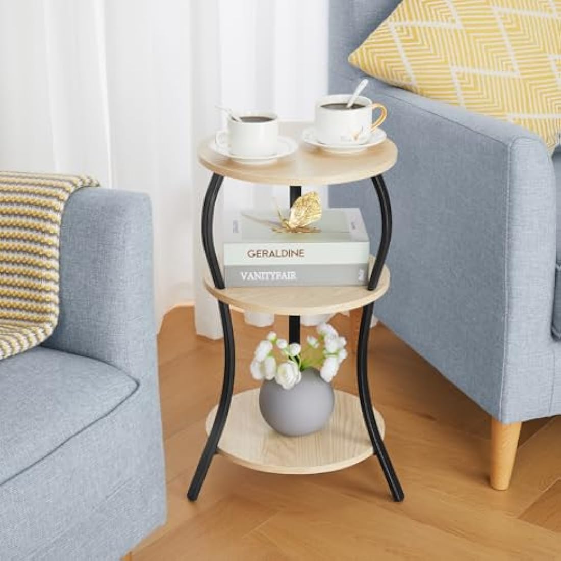 3-Tier Round Side Table – Industrial Wood & Metal End Table