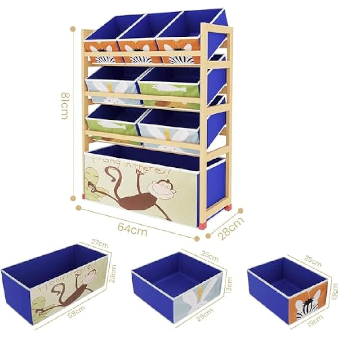 Dripex Kids Toy Storage Unit – 4 Tier Wooden Organiser with 8 Fabric Bins