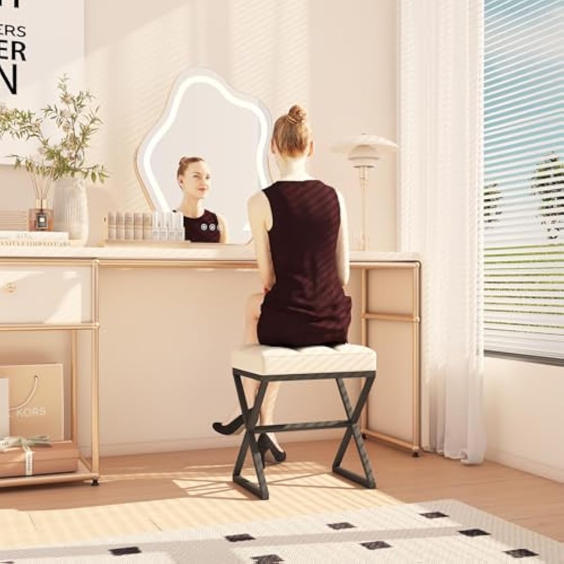 YMYNY Linen Vanity Stool – Square Ottoman with X-Shaped Metal Legs