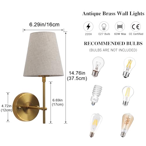 QAREHL Brass Wall Lights Set of 2 | Modern Indoor Sconces with Fabric Shade