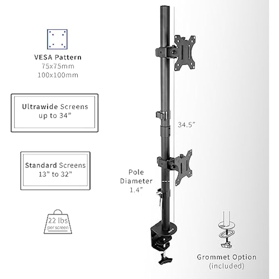 Vivo Dual Vertical Monitor Stand | Heavy Duty Stacked Mount for 13-32"