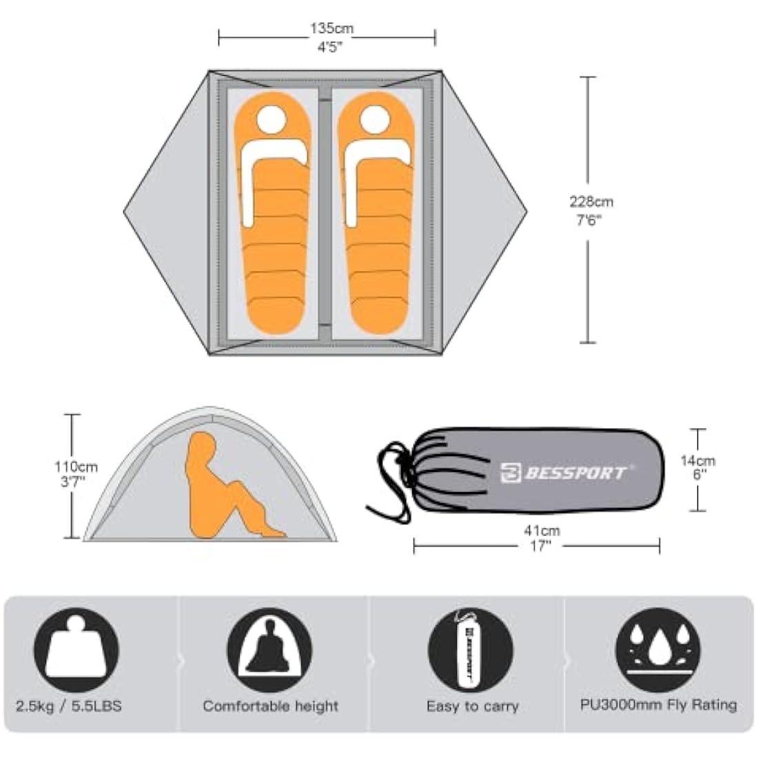 Bessport 2-Person Waterproof Dome Tent – 4-Season Ultralight Camping Tent