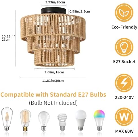 FORCOSO 3-Layer Rattan Ceiling Light – Boho Handwoven E27 Chandelier