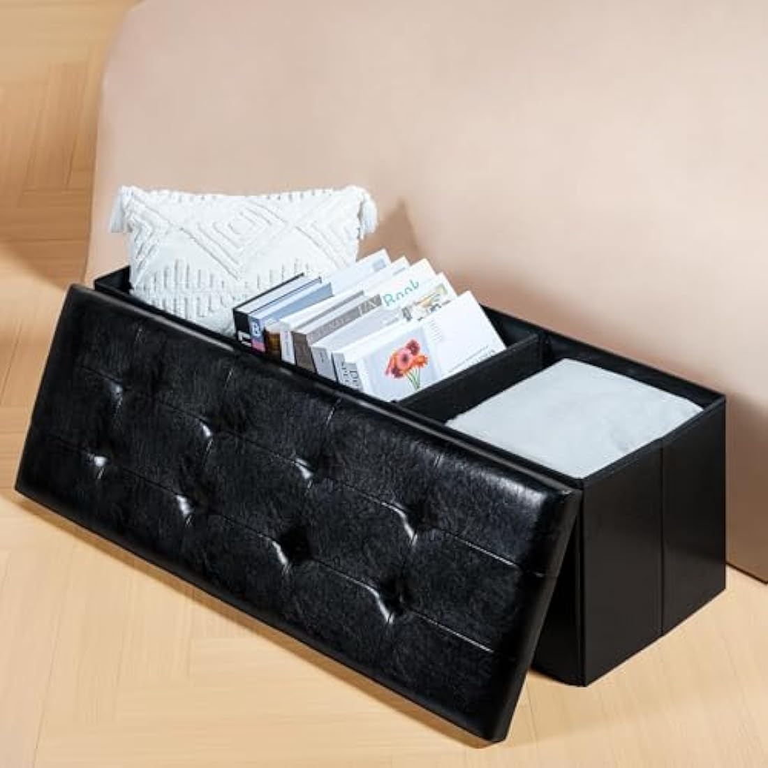 Bonlife Folding Storage Ottoman Bench | Faux Leather Toy Chest – 110cm