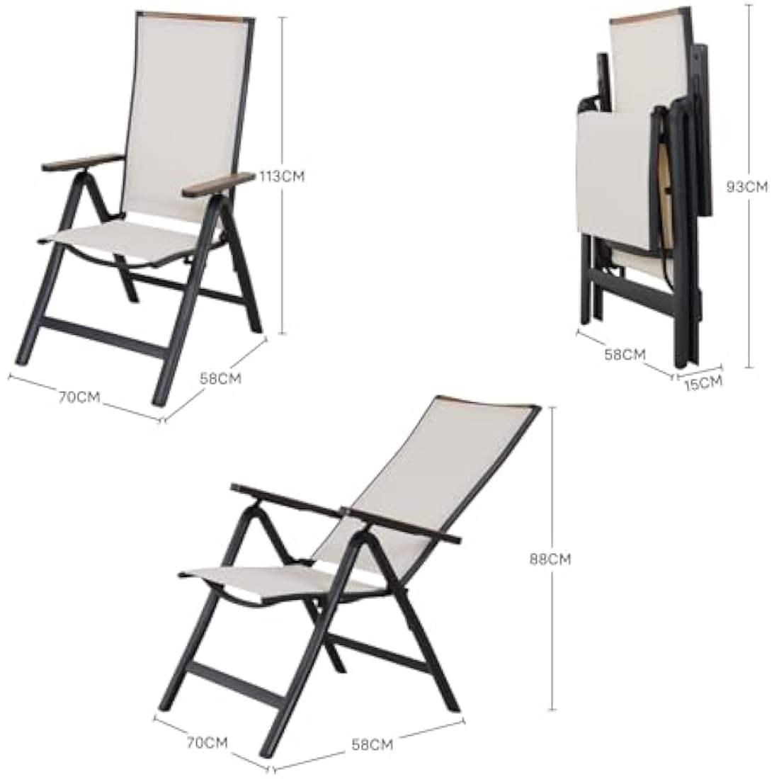 Jolof Store Aluminum Folding Garden Chairs - 6-Position High Back, Set of 2
