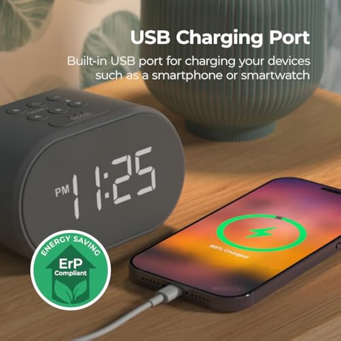 i-box Bedside FM Radio Alarm Clock with USB Charging & Dual Alarms - Grey