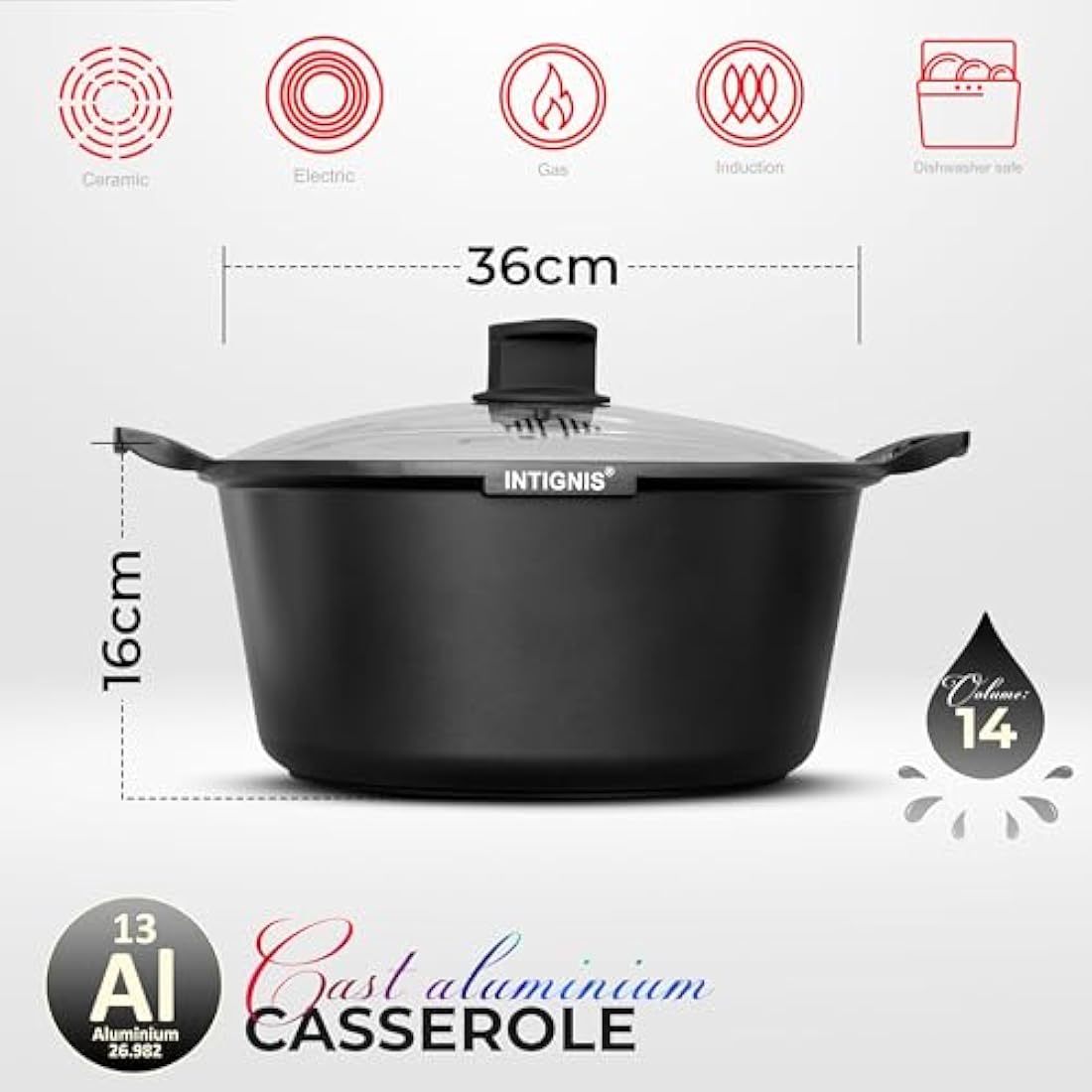 INTIGNIS 36cm Casserole Pot – 14L Large Ceramic Non-Stick Induction Pot