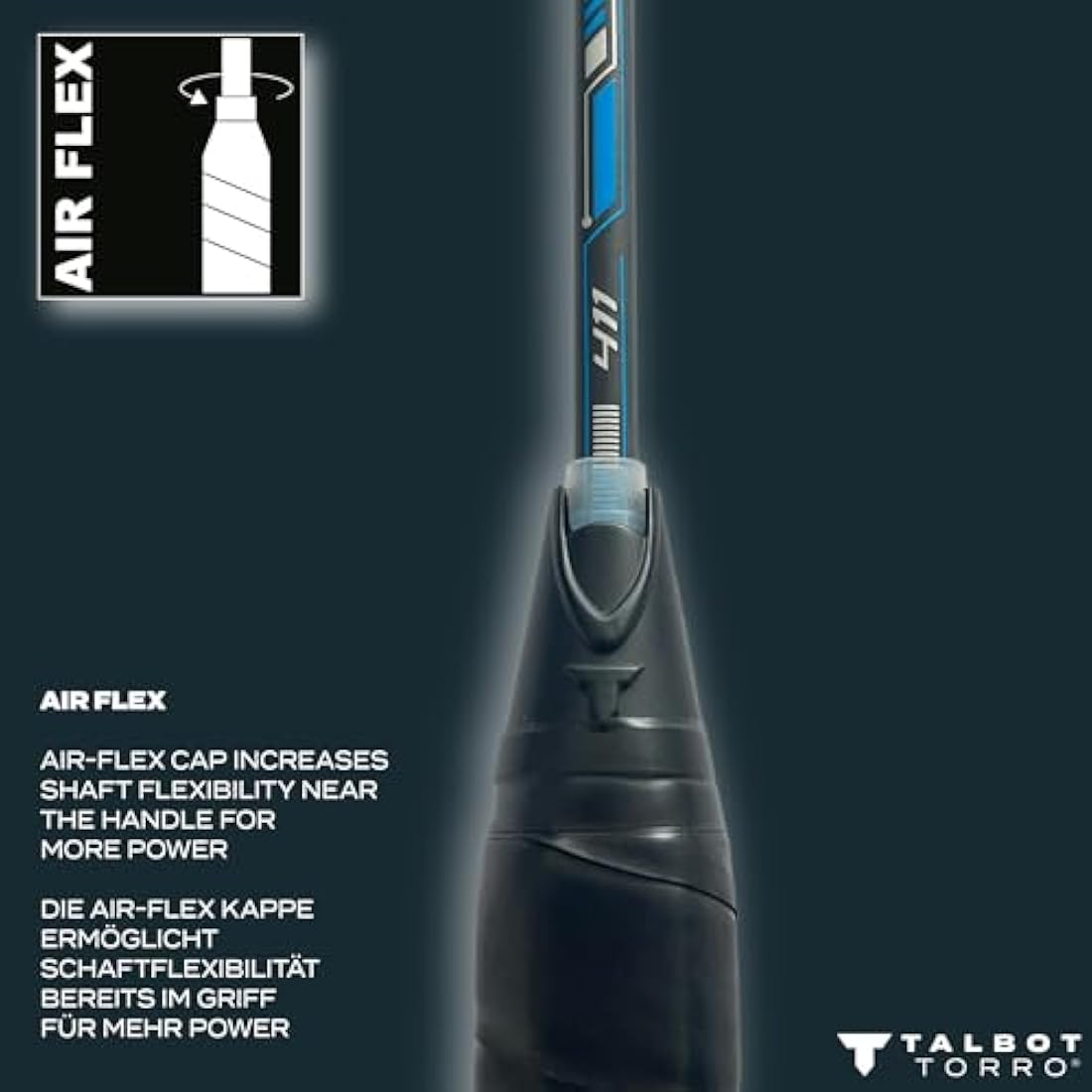 Talbot Torro Badmintonschläger Isoforce 411 – 100% Graphit, Cyan/Schwarz