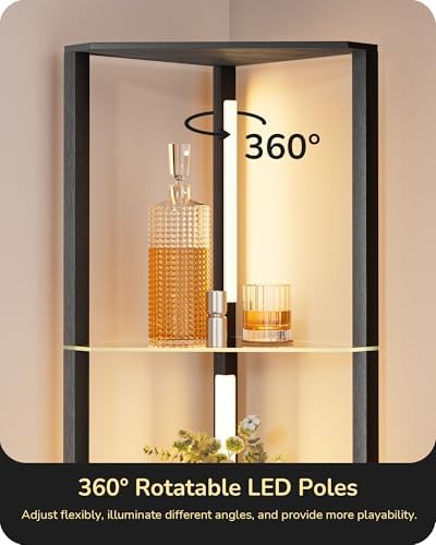 EDISHINE LED Floor Lamp with 4-Tier Glass Shelves | Dimmable Wood Light
