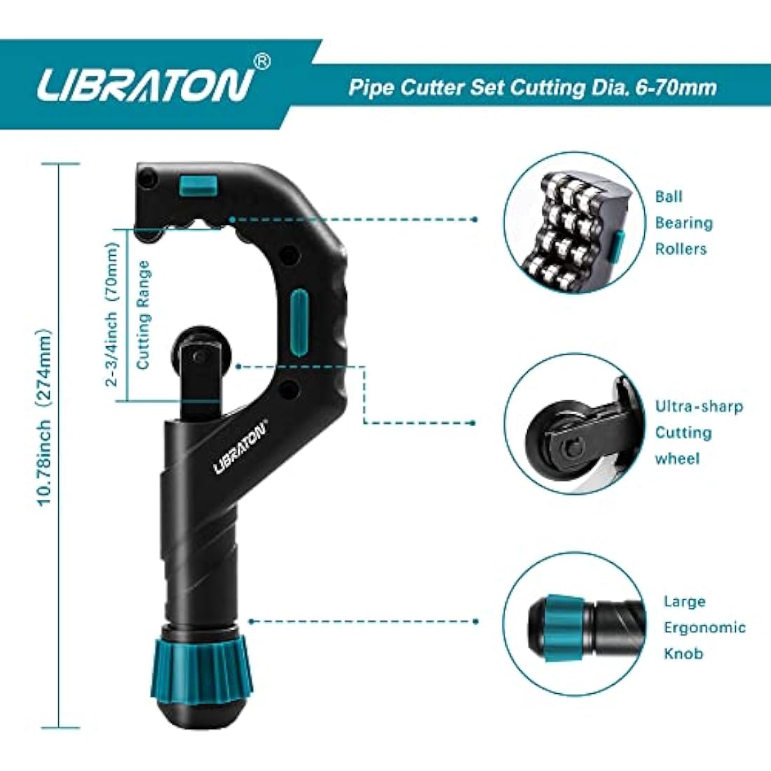 Libraton Heavy-Duty Pipe Cutter 6-70mm with Deburring Tool for Copper