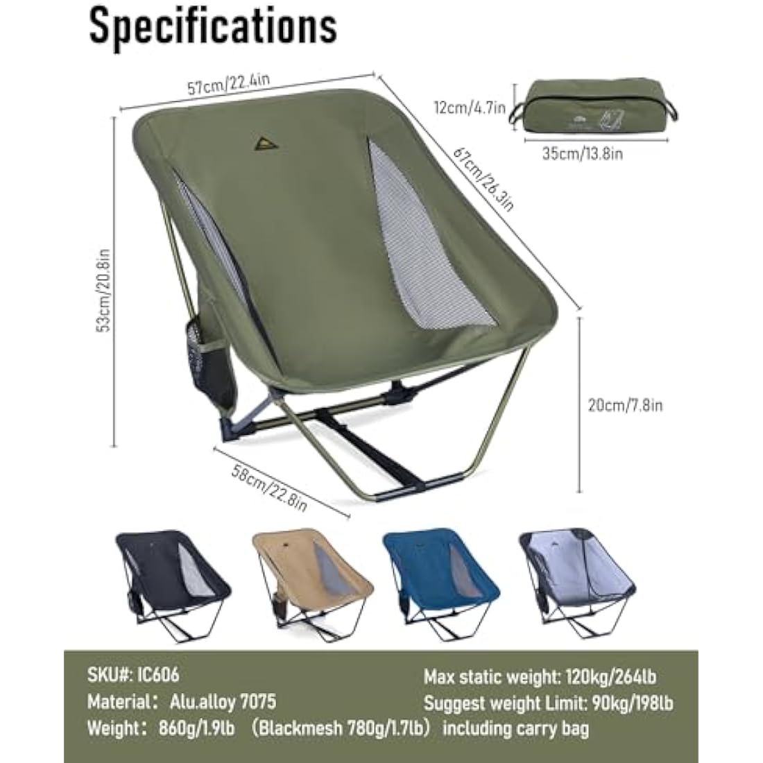 iClimb Ultralight Low Camping Chair | Compact Folding Aluminum - Green