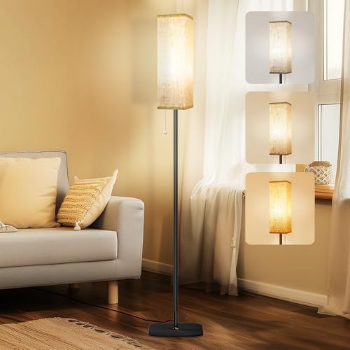 LED Floor Lamp | Modern Linen Shade Standing Lamp with Pull Chain
