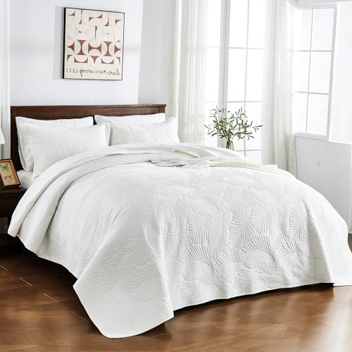 Qucover Cotton Quilted Bedspread Set | Super King Palm Leaf Embroidery