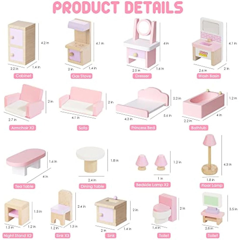 Lawcephun 22-Piece Wooden Dollhouse Furniture Set, 1:12 Scale Pink Kit