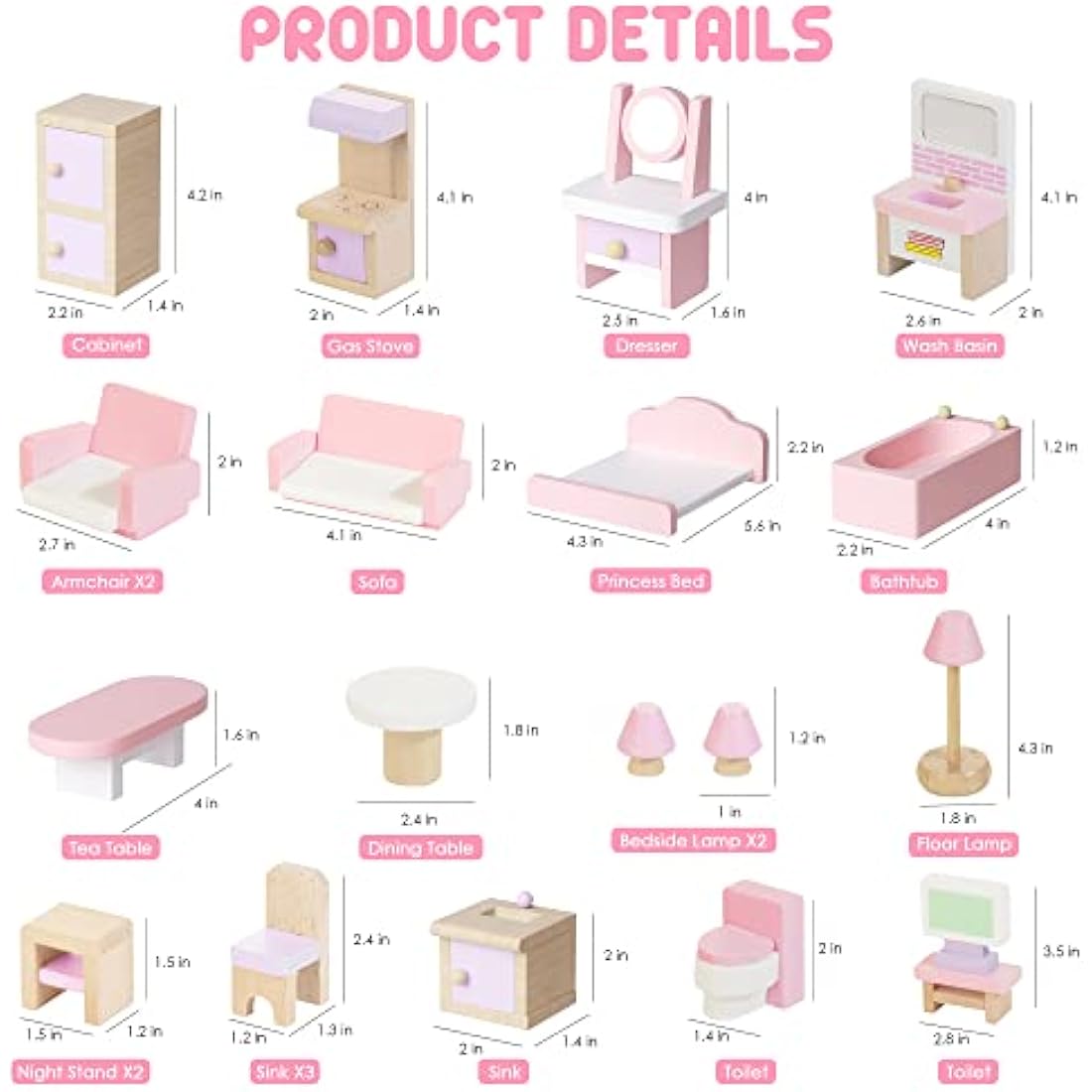 Lawcephun 22-Piece Wooden Dollhouse Furniture Set, 1:12 Scale Pink Kit