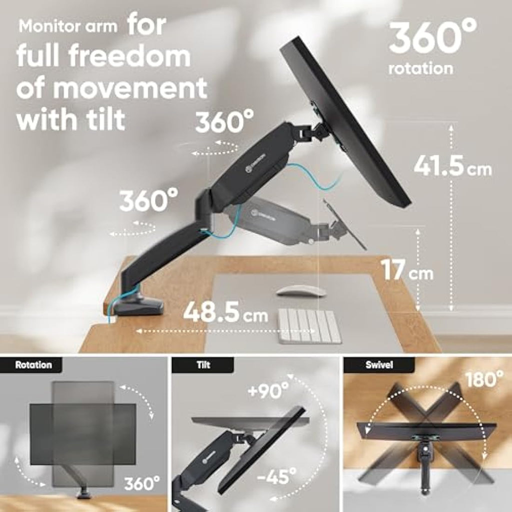 ONKRON G80-B Single Monitor Arm – Gas Spring Desk Mount for 13-32" Screens
