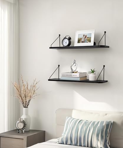 SUMGAR Black Floating Shelves – 60cm Modern Wood Wall Storage, Set of 2
