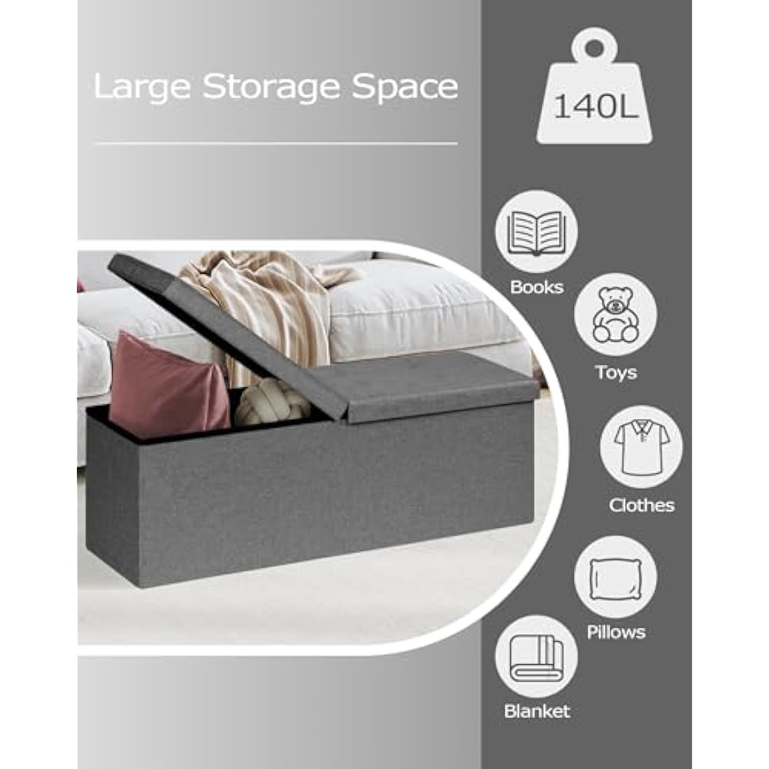 Bonlife Extra Large Folding Storage Ottoman | Grey Linen Bench Trunk