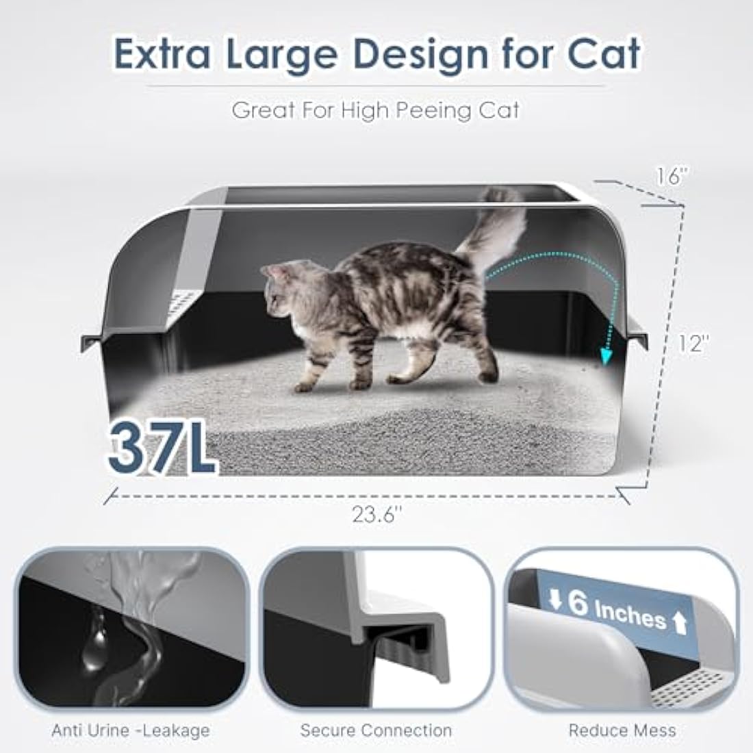 Suzzipaws XL Non-Stick Stainless Steel Cat Litter Box with High Lid