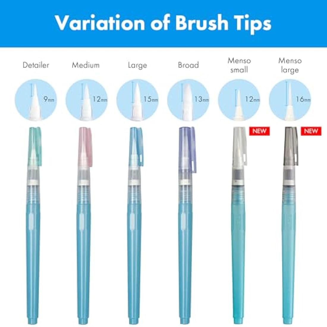 Kuretake Water Brush Pen Set - 6 Long Japanese Menso Watercolor Pens