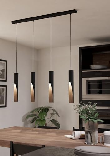 Eglo Barbotto 4-Light LED Pendant – Black & Wood Linear Ceiling Lamp