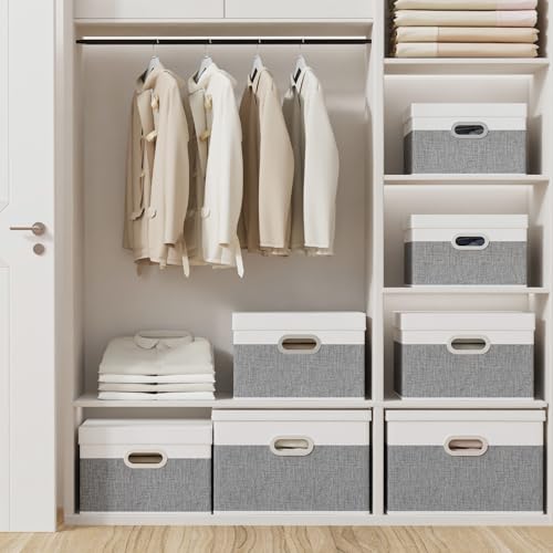 Yawinhe Collapsible Fabric Storage Bins with Lids - 3 Pack, White/Grey