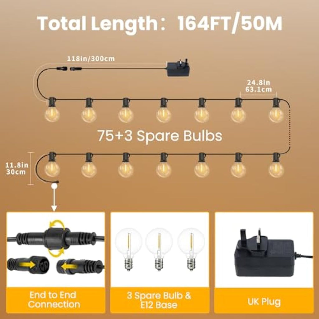 Yuusei 164FT Festoon Lights – IP45 Waterproof Outdoor String Lights