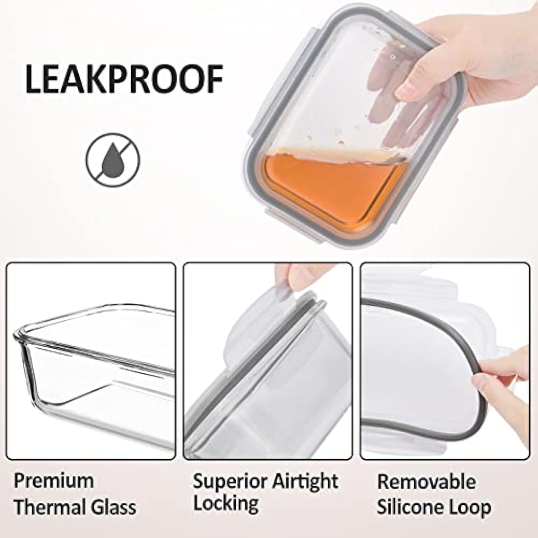 ROSOS 6-Pack Glass Food Storage Containers | Airtight Borosilicate Grey