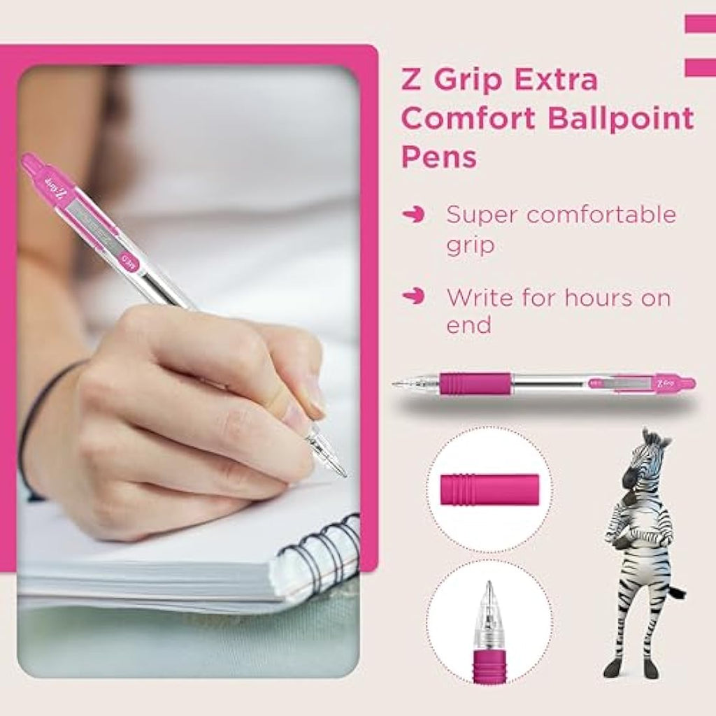 Zebra Z-Grip Retractable Ballpoint Pens, Pink Ink, Medium Point, 12pk