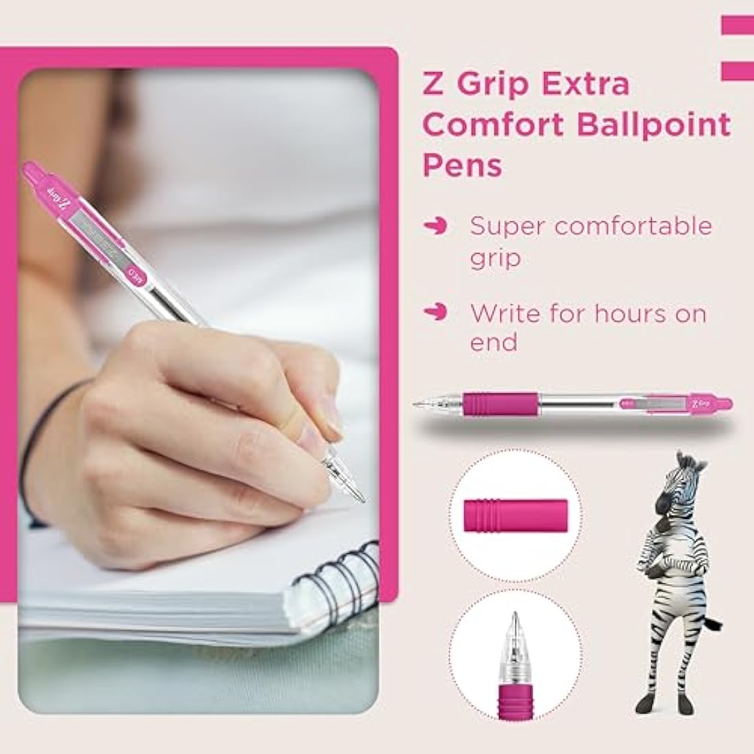 Zebra Z-Grip Retractable Ballpoint Pens, Pink Ink, Medium Point, 12pk