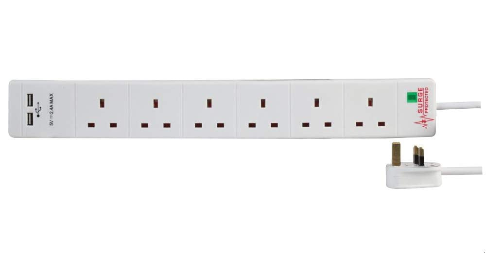 Pro Elec 6 Way Surge Protected Extension Lead with 2 USB Ports, 1m, White