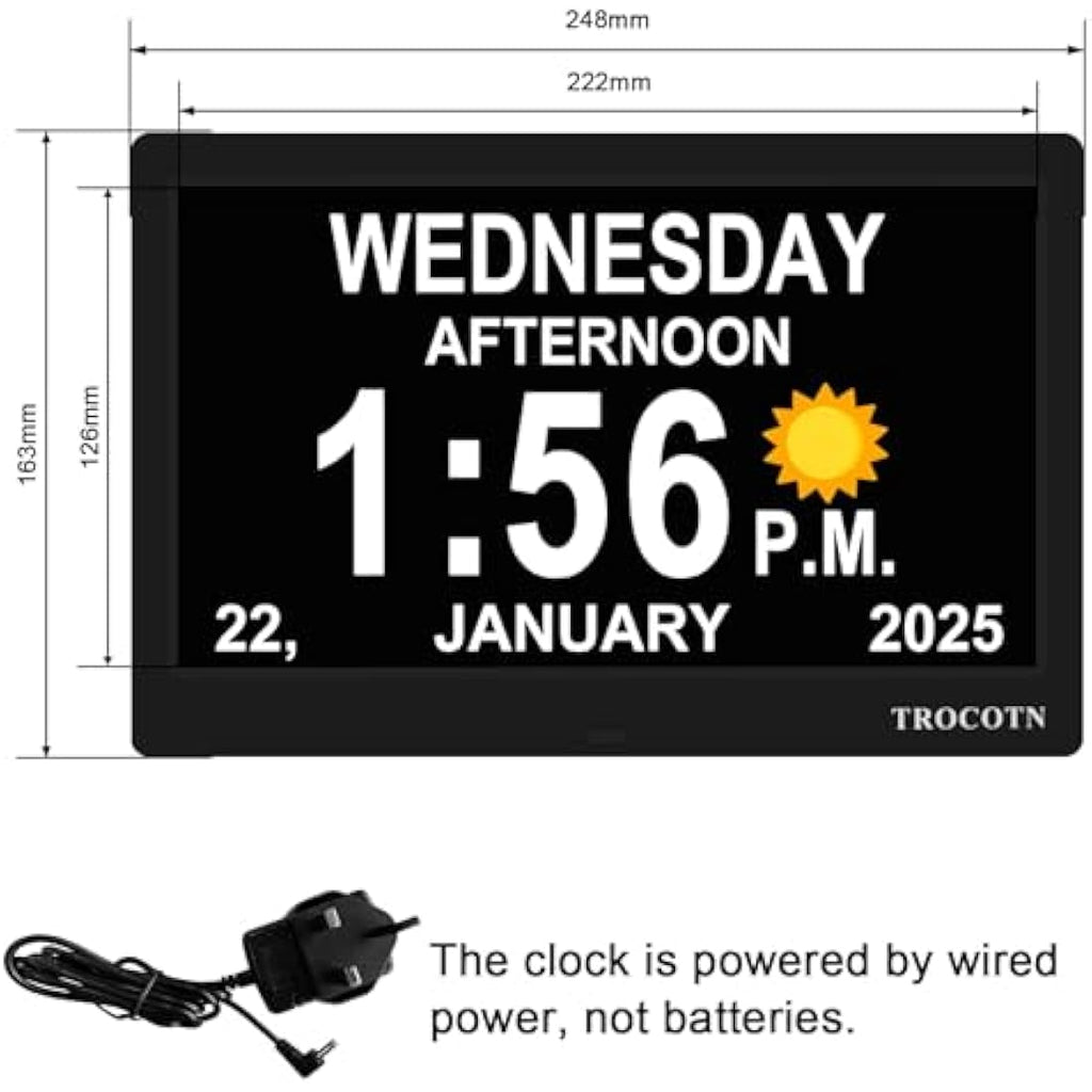 TROCOTN 10 Inch Digital Calendar Day Clock for Seniors - Large Display Black
