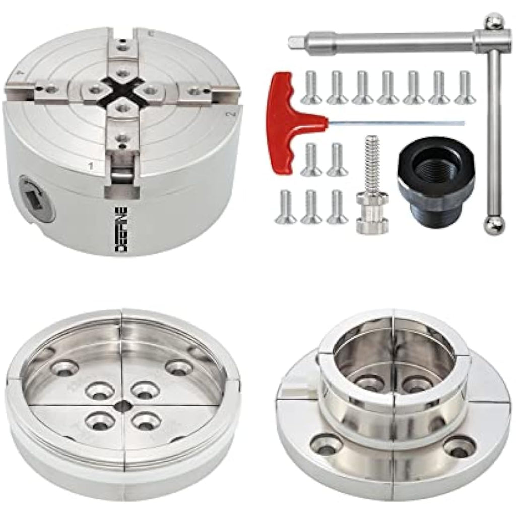 DEEFIINE 4 Inch Wood Lathe Chuck Set | Nickel Plated 4-Jaw Self Centering