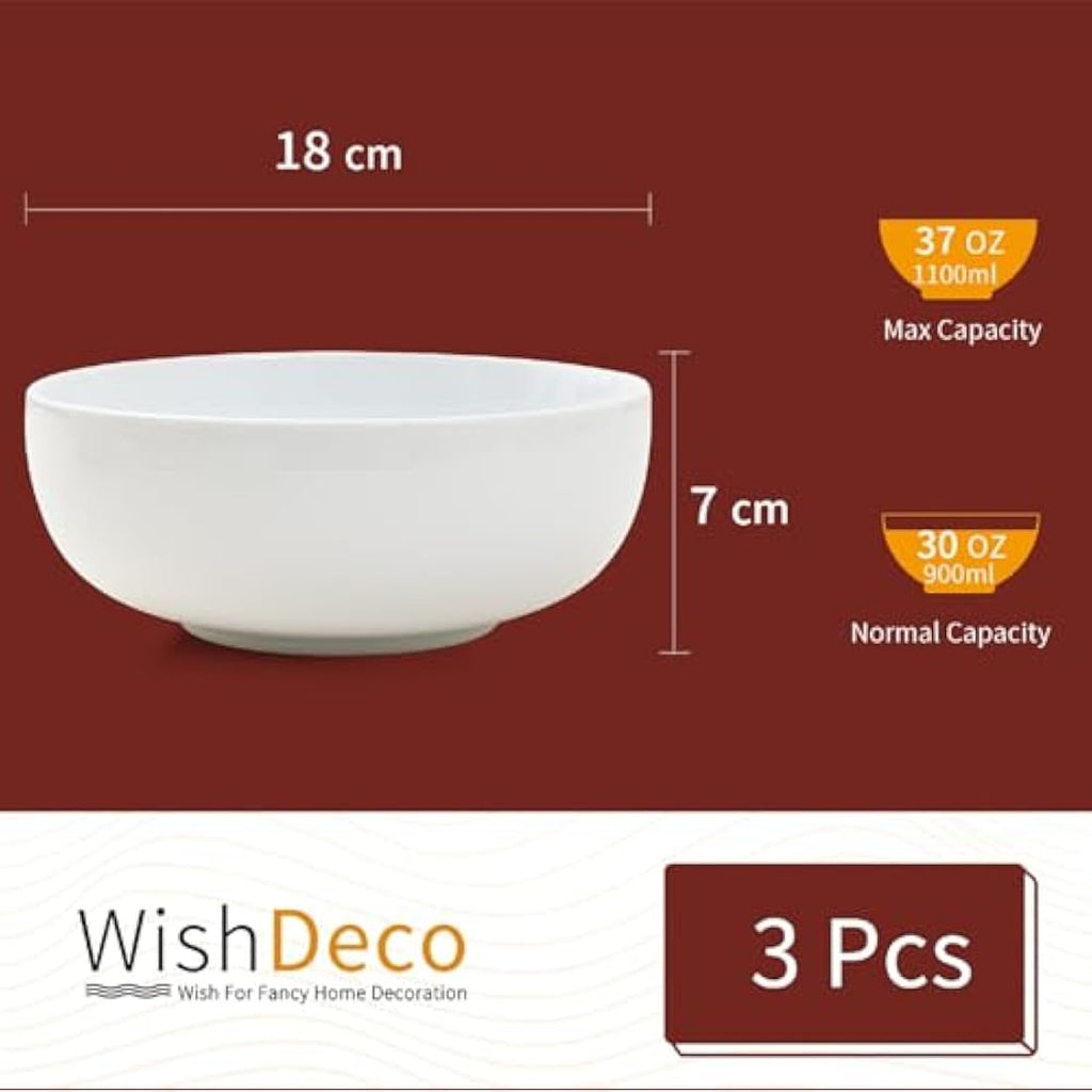 WishDeco Large Ceramic Soup Bowls - 1100ml White Salad Bowl Set of 3