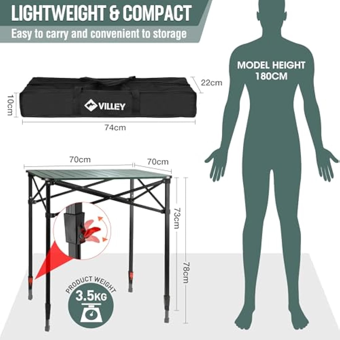 VILLEY Aluminum Camping Table | Folding Portable Table with Carry Bag