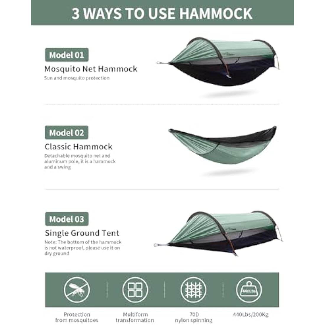 3-in-1 Camping Hammock Tent with Mosquito Net & Sunshade