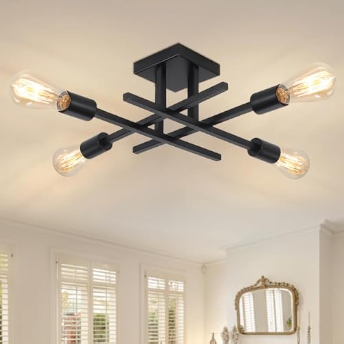 QAREHL Sputnik Chandelier | 4-Light Black Modern Flush Mount Ceiling Light
