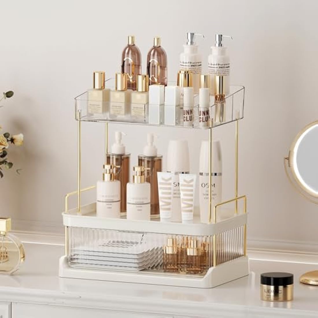 STORICANS Large Makeup Organiser with Drawer and Removable Tray – White
